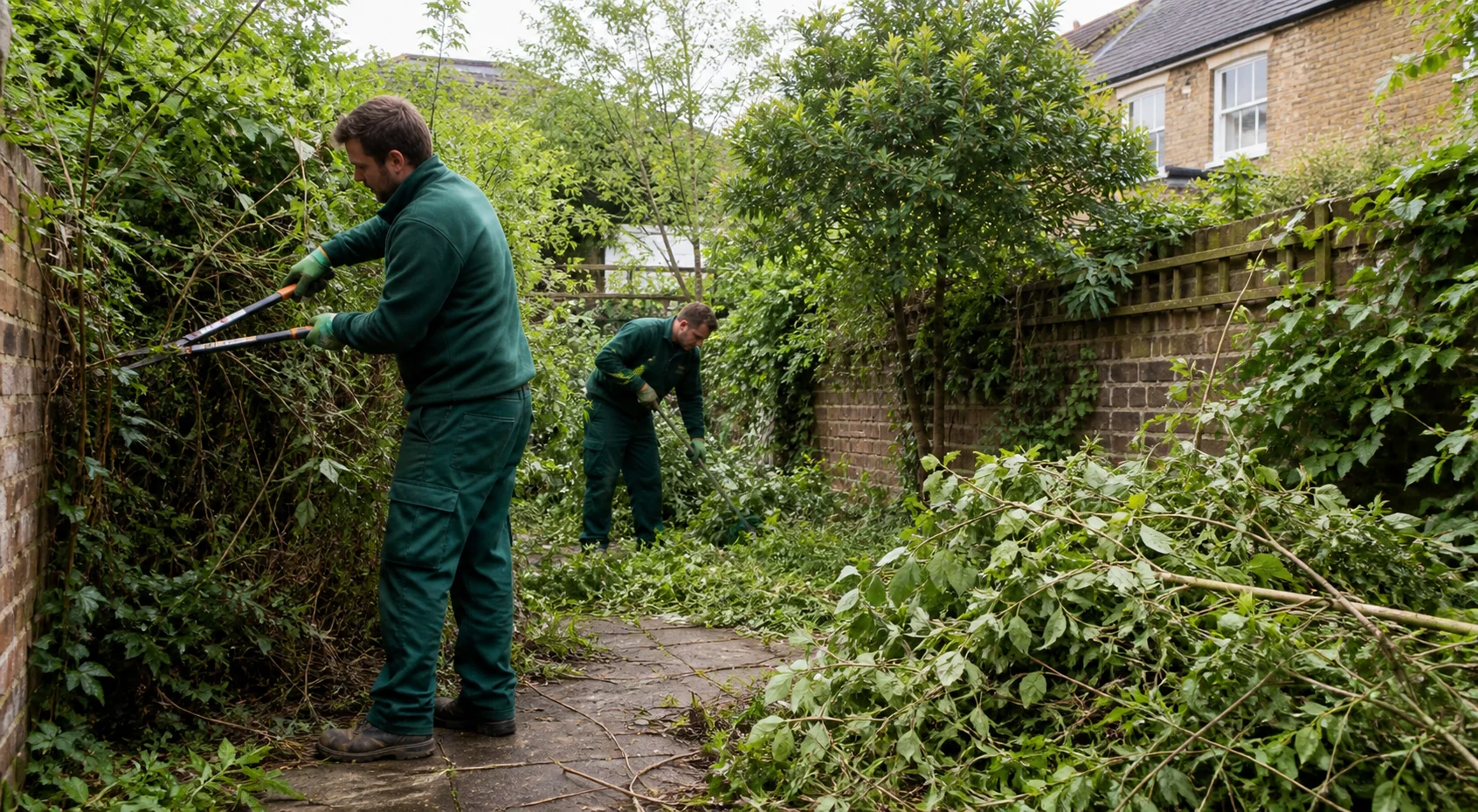 Gardener clearing dense vegetation from an overgrown Hainault garden