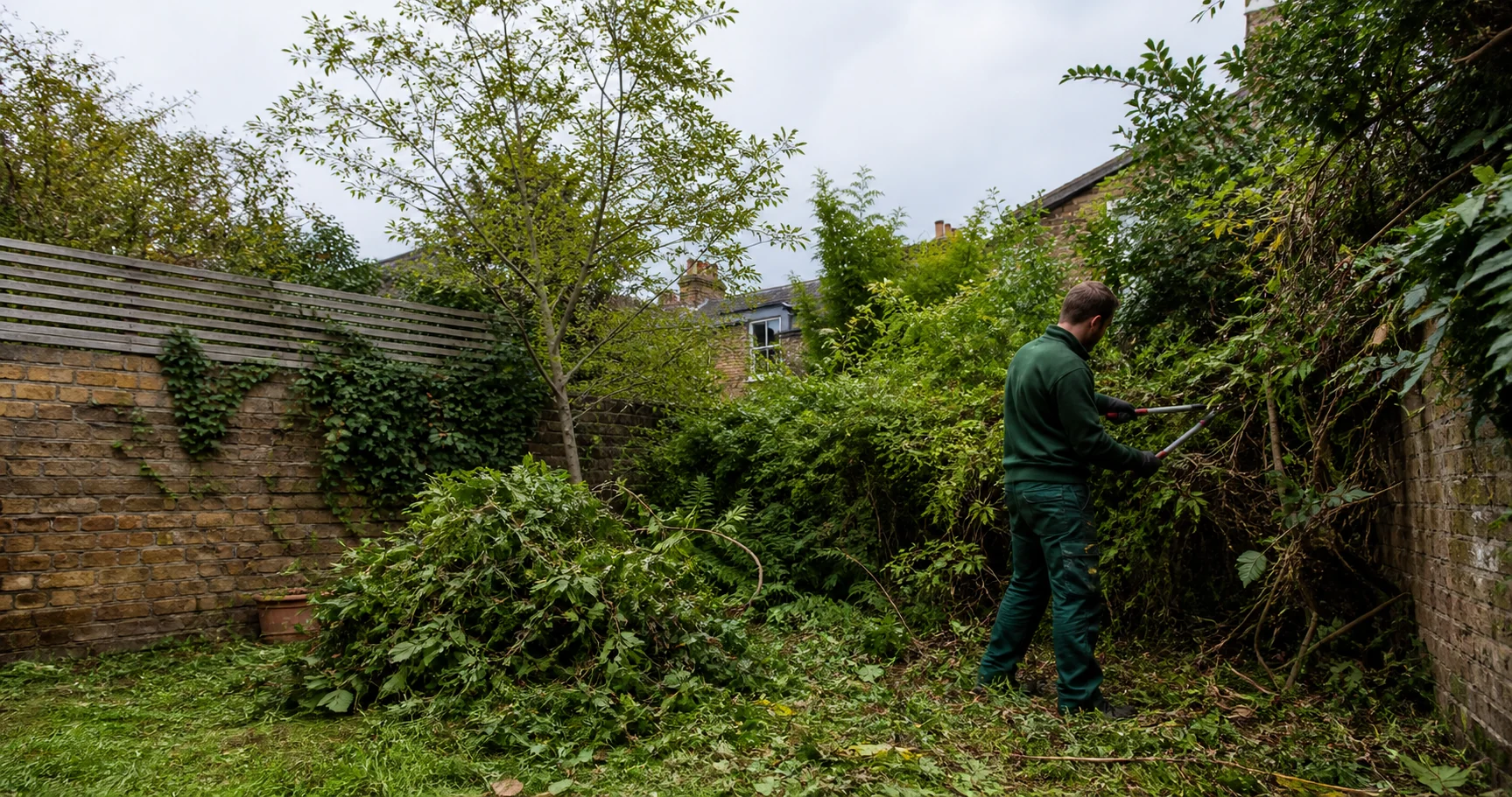 Gardener clearing dense vegetation from an overgrown Kingston upon Thames garden