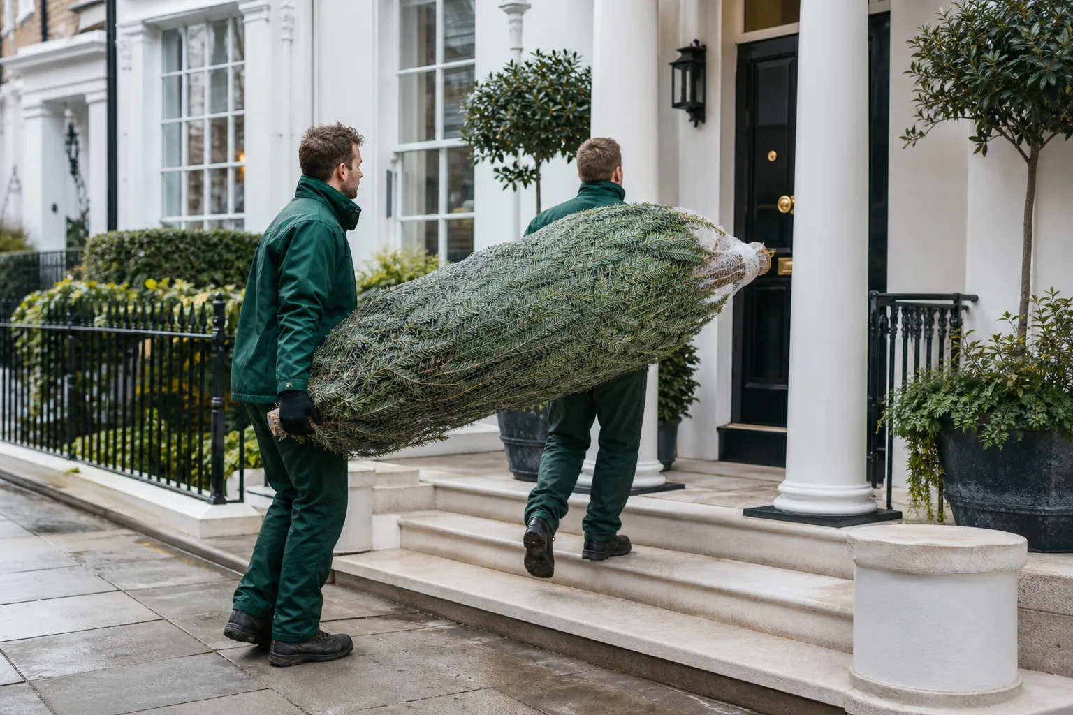 Team delivering a real Christmas tree to a London townhouse
