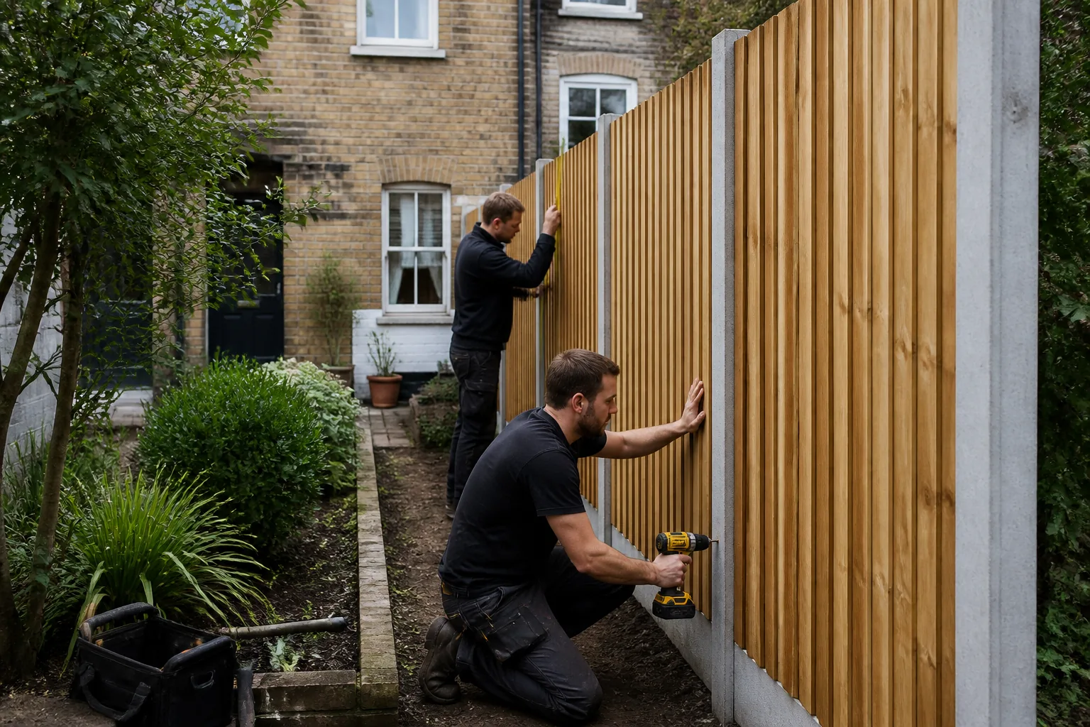 Contractors installing a timber garden fence in London