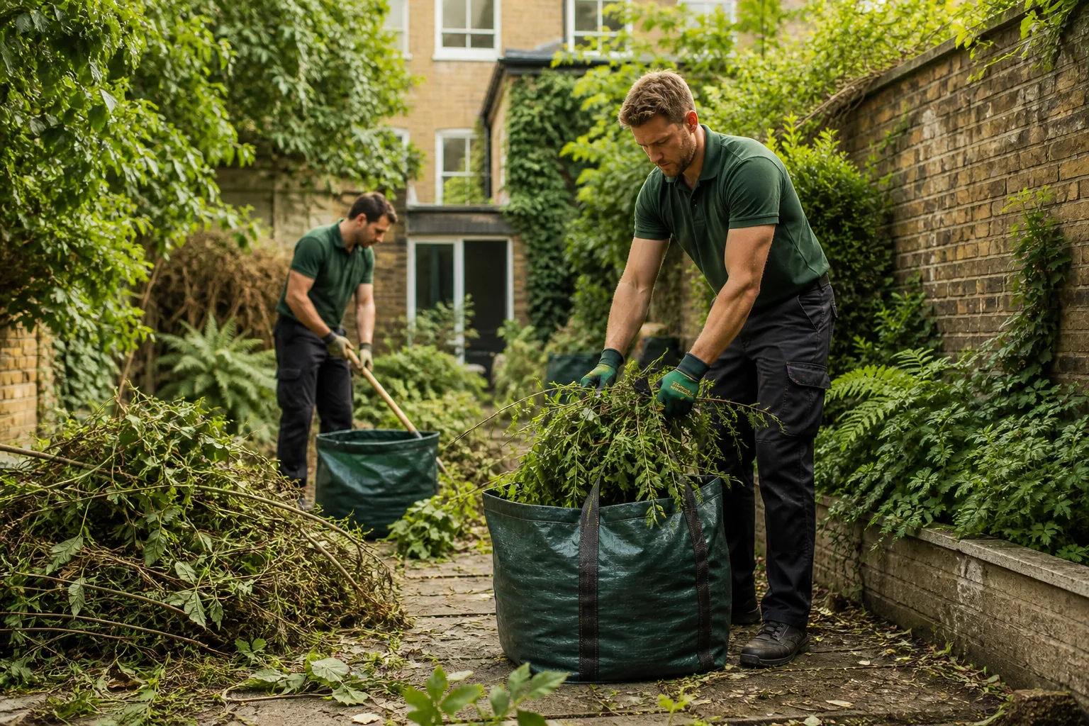 Gardeners collecting cut branches and green waste in a London garden