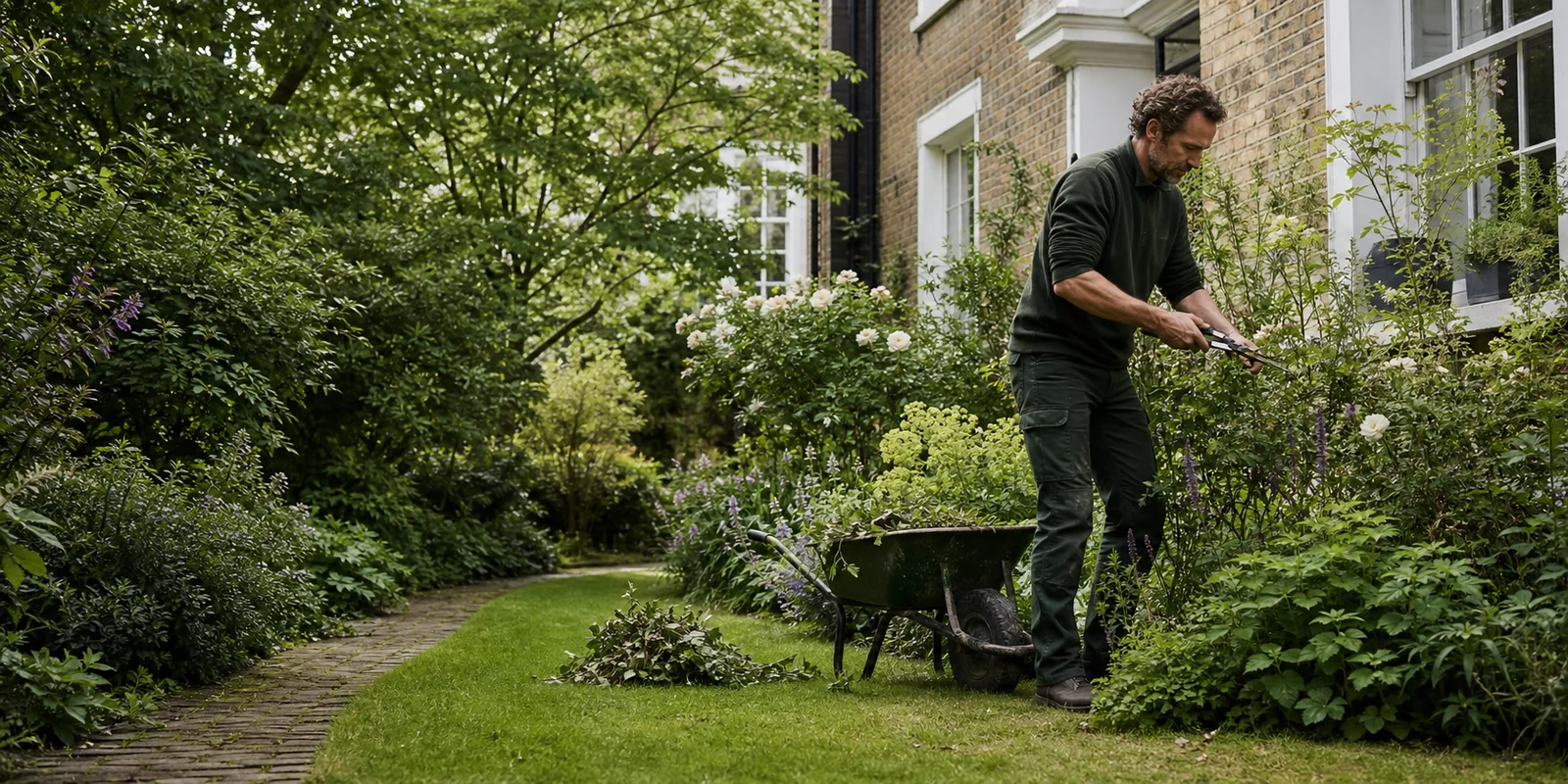 Professional gardener pruning a planted border beside a London home