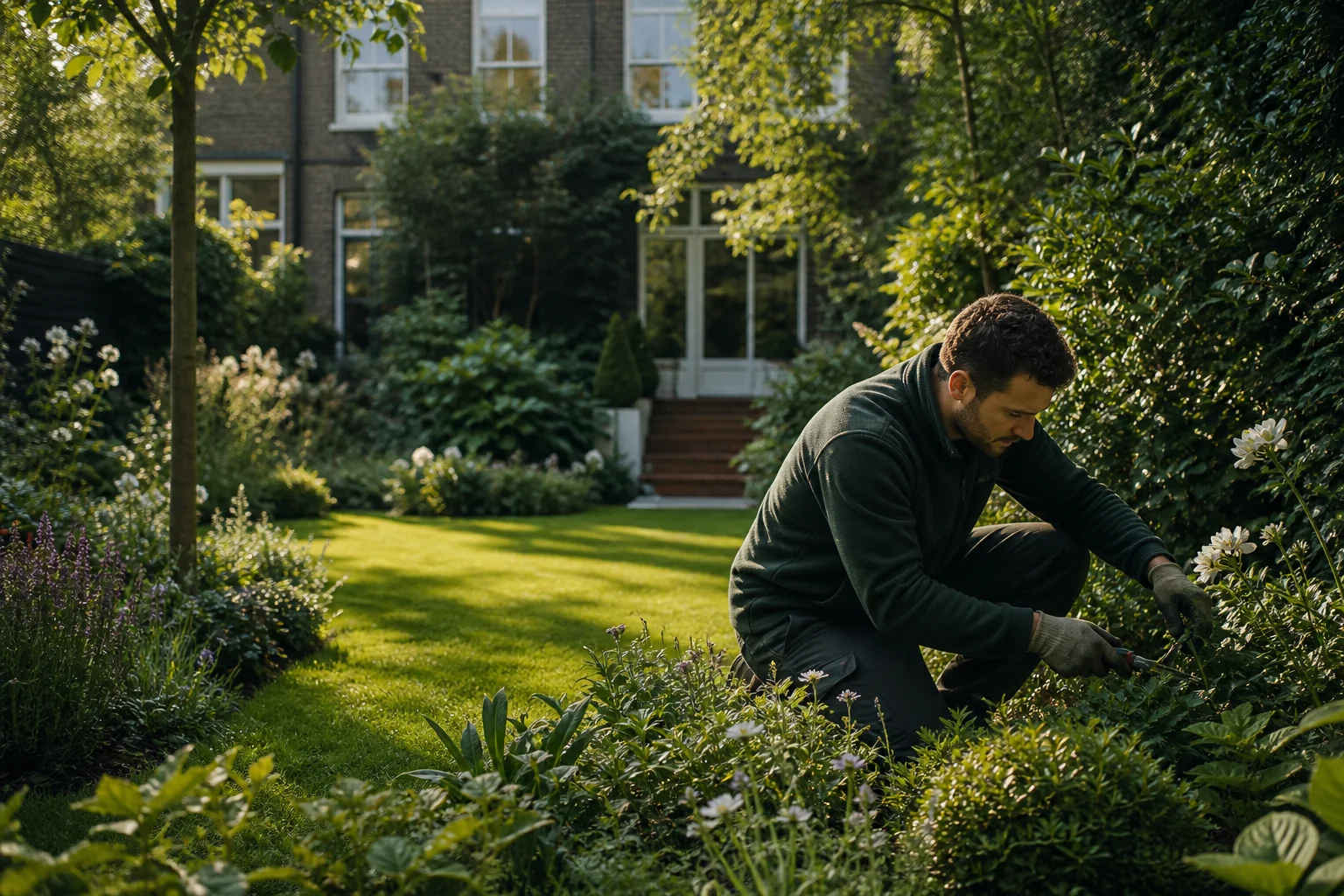 Professional gardener caring for a green residential garden in London