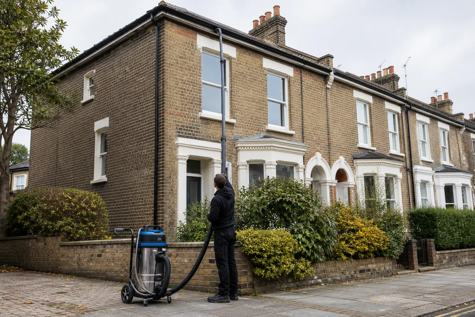 Professional using a high-reach gutter vacuum at a London house