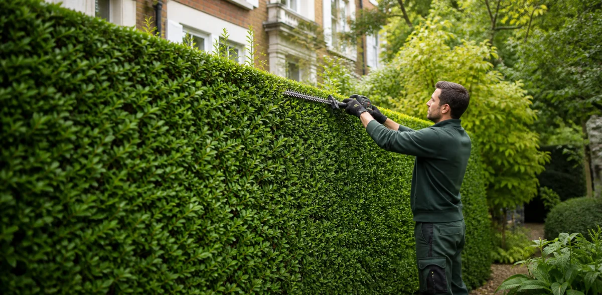 Professional gardener trimming a mature hedge at a London home