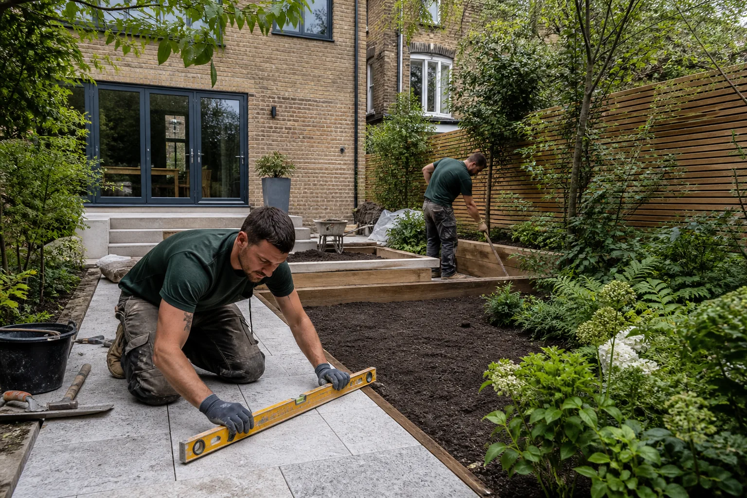 Landscapers installing paving and garden borders at a London home