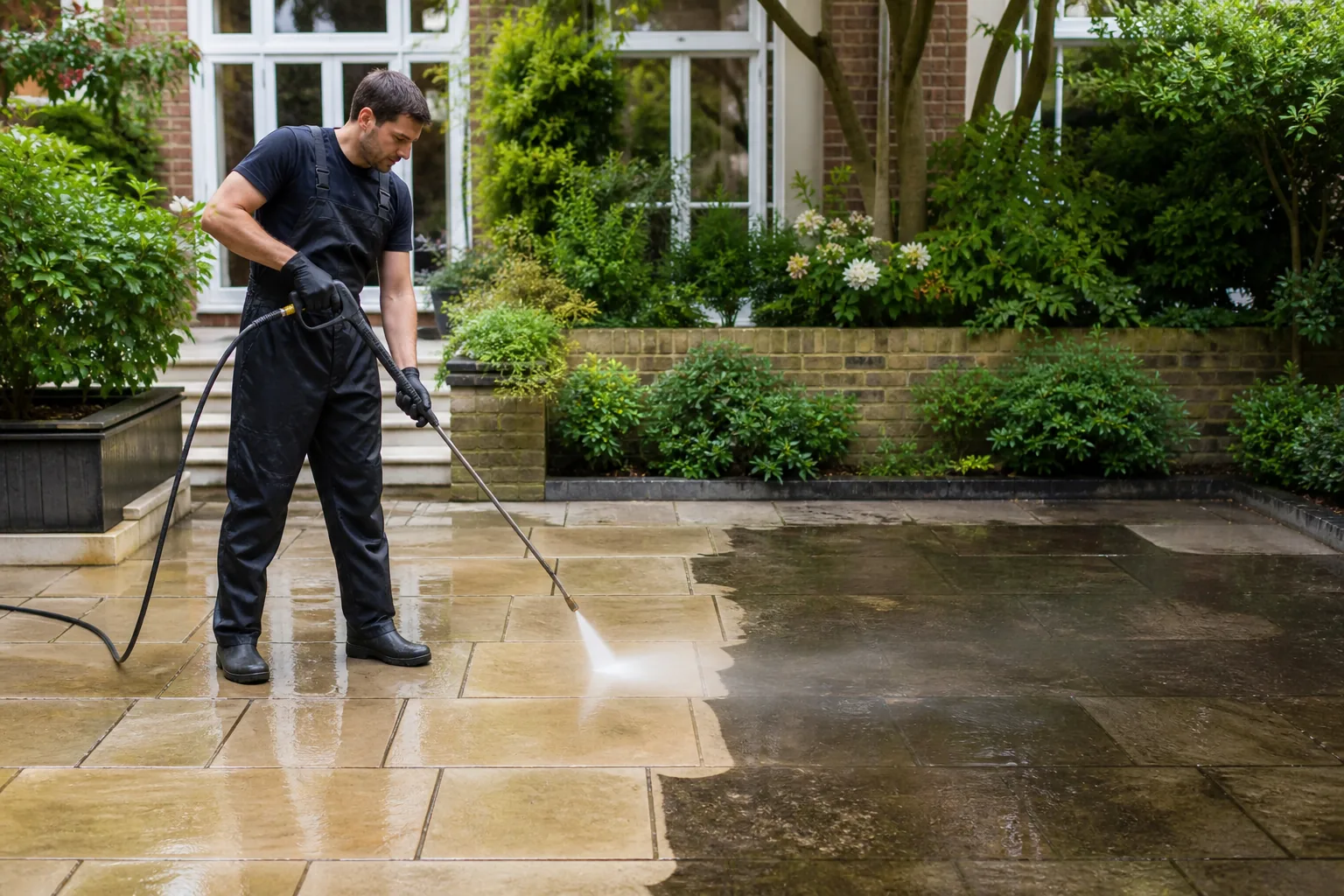Professional cleaner pressure washing a London garden patio