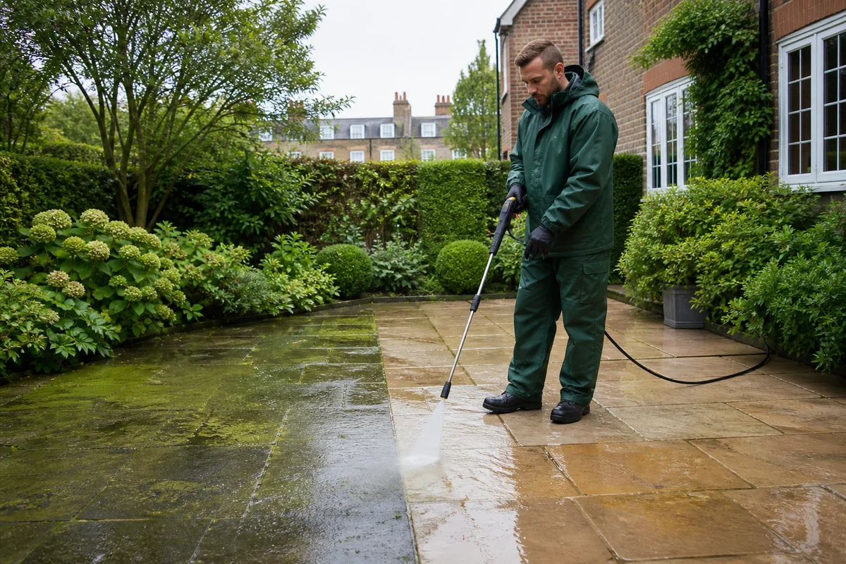 Professional pressure washing of a mossy residential garden patio