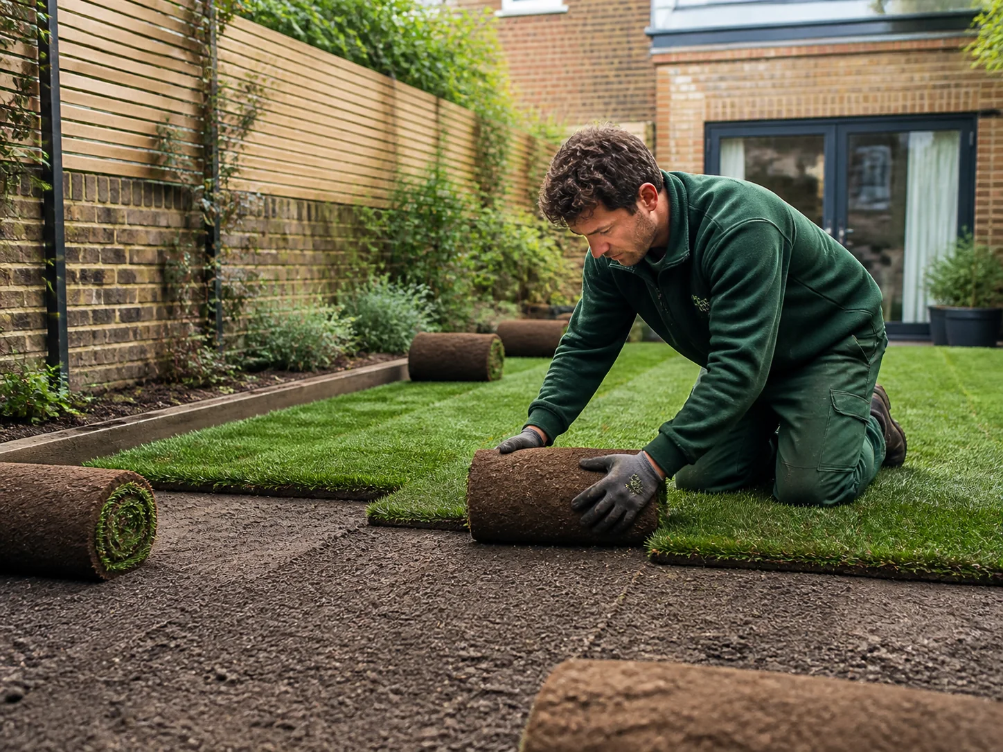 Professional gardener laying fresh lawn turf in a London garden