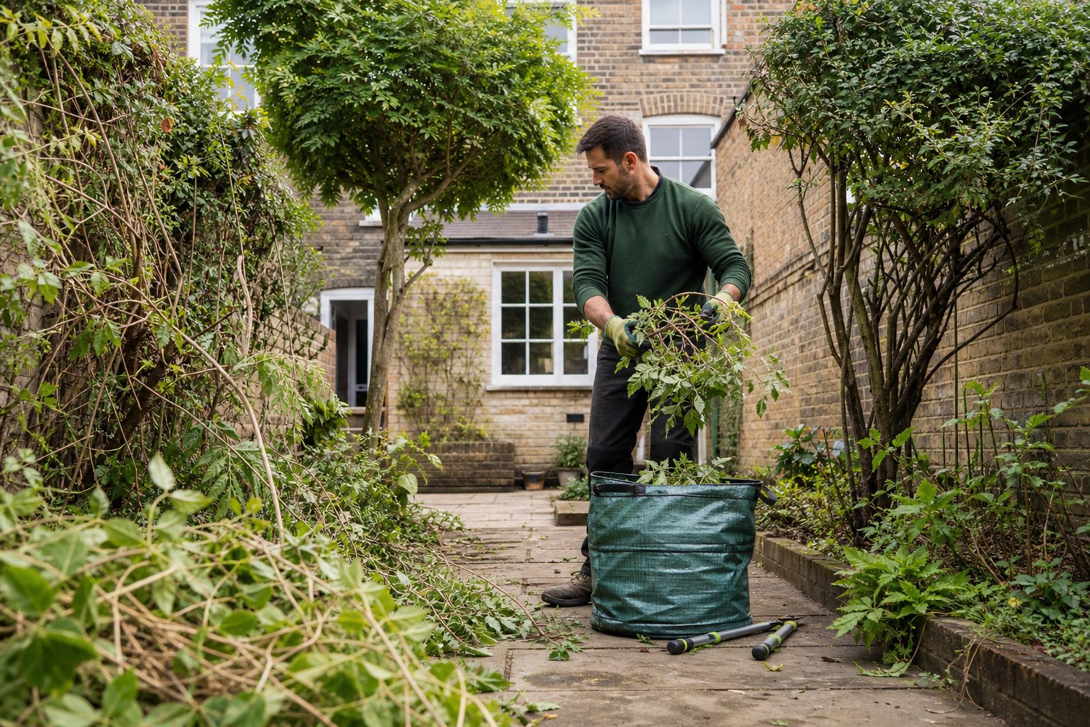 Gardener clearing cut growth from an overgrown London back garden