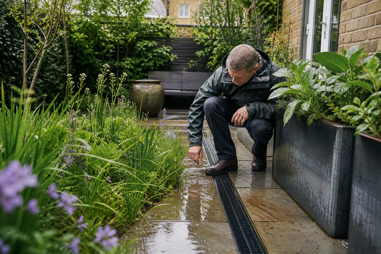 Gardener checking a drainage channel after rain in a London garden