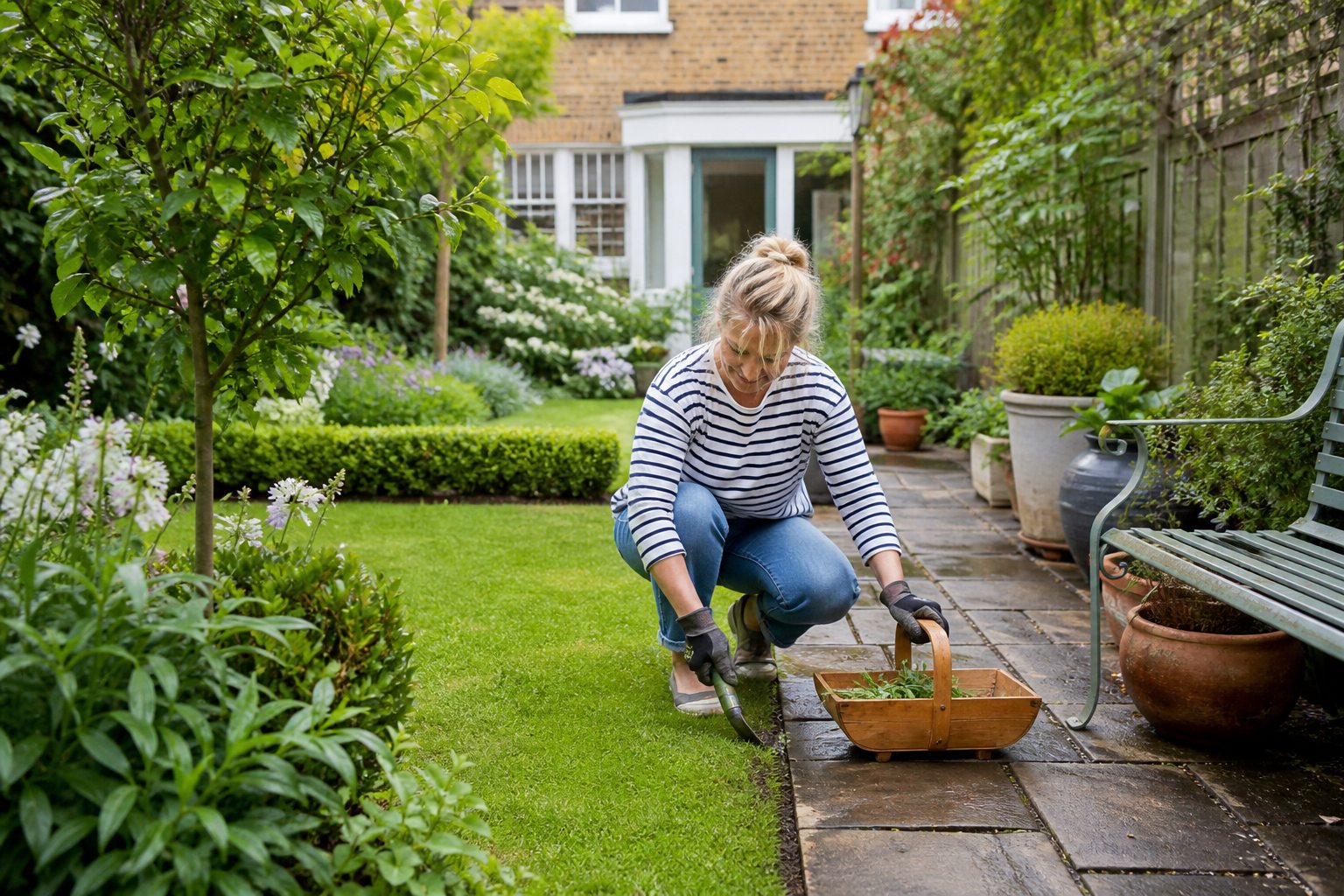 Gardener edging a lawn during a light garden tidy-up