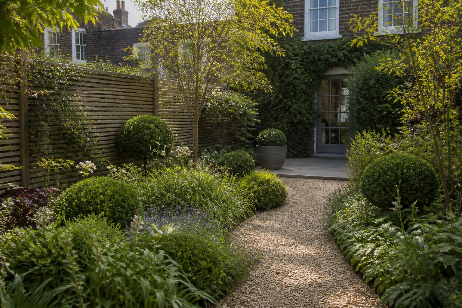 Low-maintenance London garden with layered planting and a permeable path