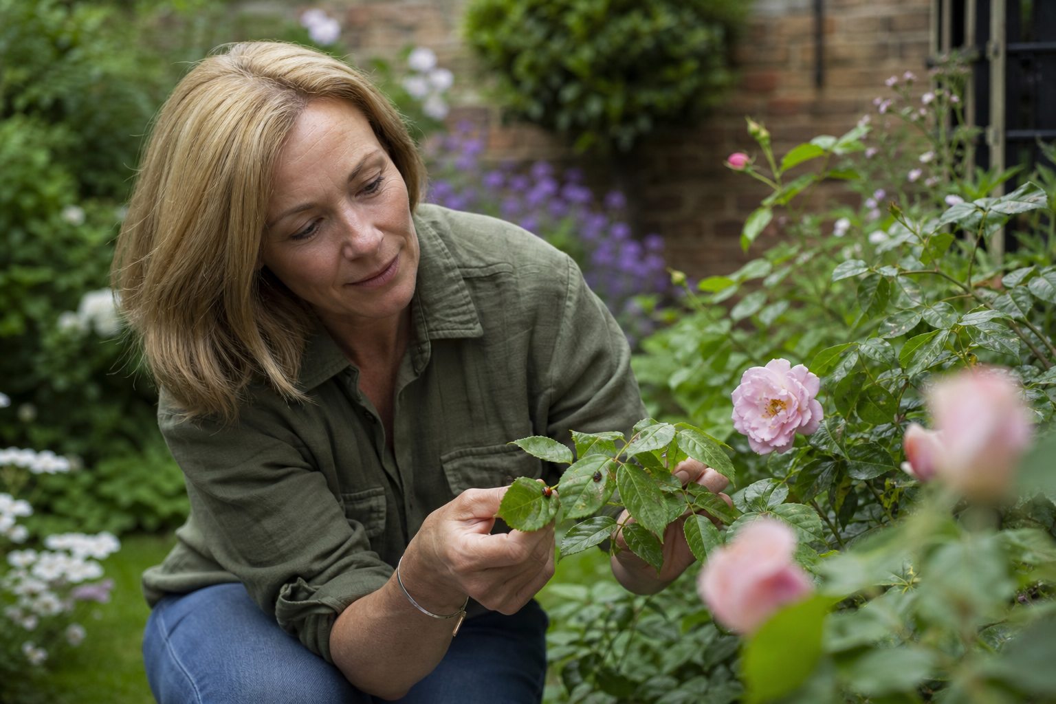 Gardener inspecting rose leaves for pests in a London garden