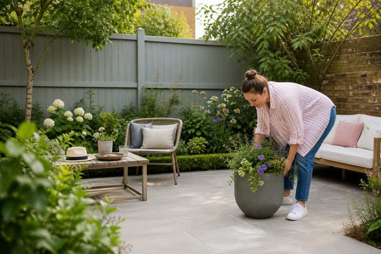Homeowner placing a planted container in a refreshed garden seating area