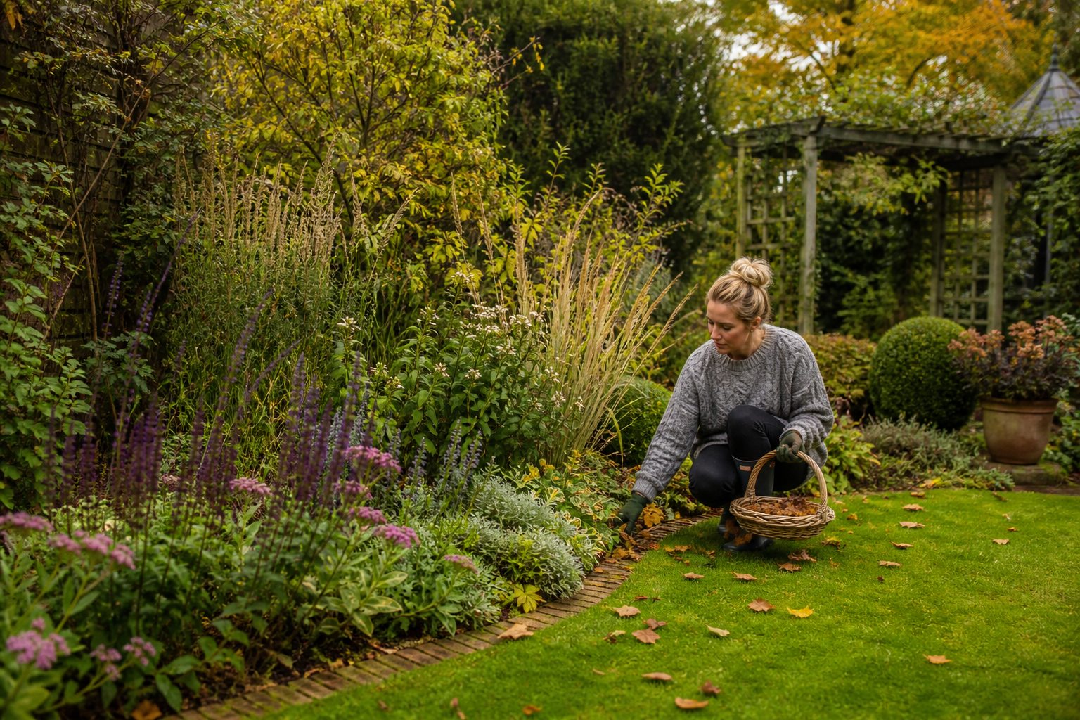 Gardener collecting autumn leaves during seasonal garden maintenance